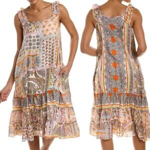 Johnny Was Midi Dress SILK Floral Paisley Sleeveless Patchwork Boho Pink Slip XS